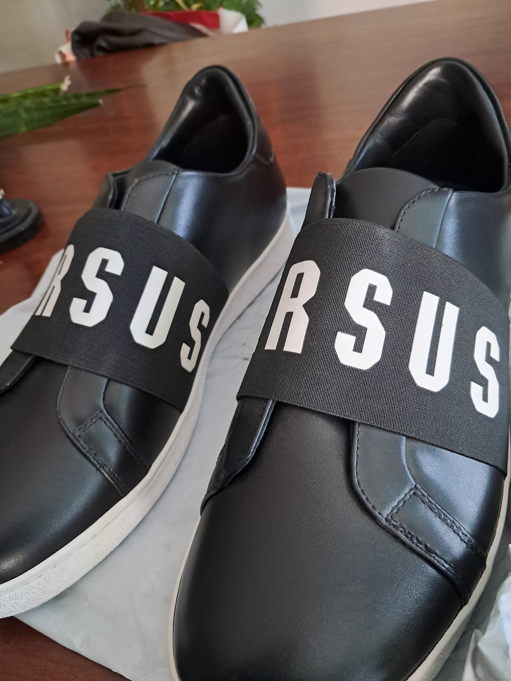Versus Versace Black Leather Slip-On Sneakers with White Logo Strap. COA incl. - Picture 6 of 11